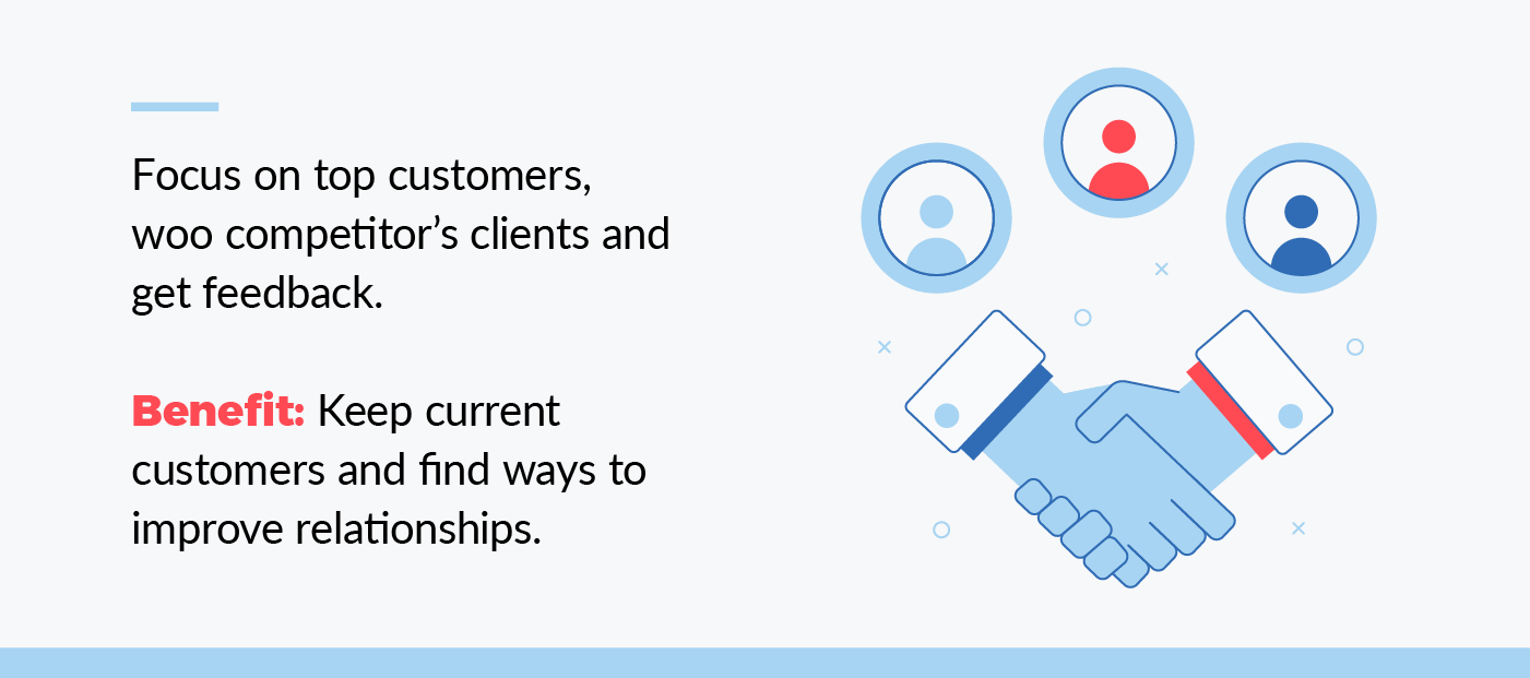 focus on top customers, woo competitor's clients and get feedback