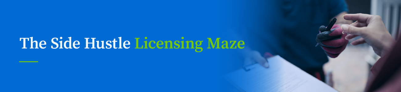 Banner image introducing "The Side Hustle Licensing Maze," featuring a worker handing over paperwork to represent licensing requirements for side businesses.