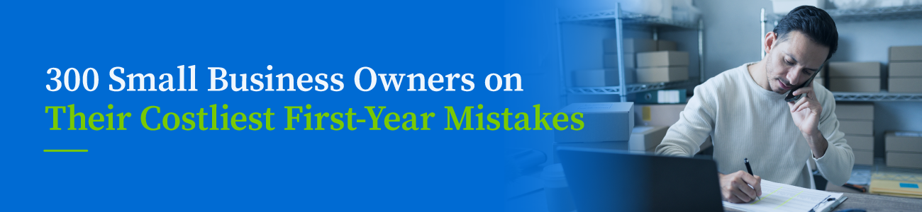 Header graphic titled "300 Small Business Owners on Their Costliest First-Year Mistakes" from JW Surety Bonds.