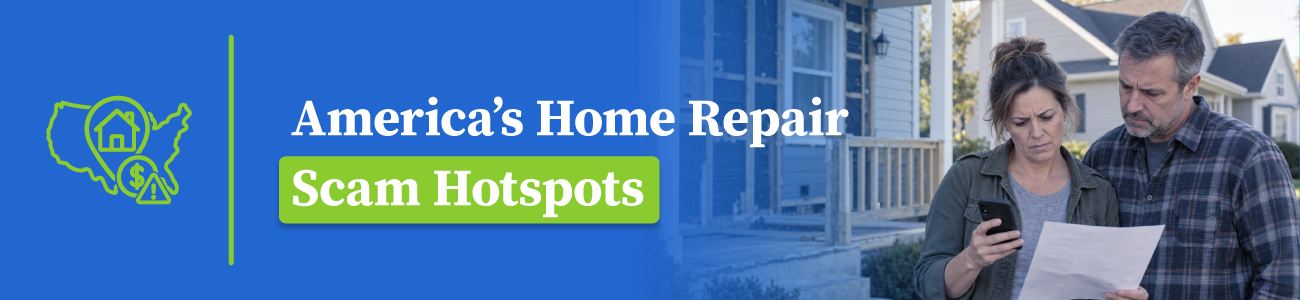 Banner for America’s home repair scam hotspots with homeowners reviewing a document.